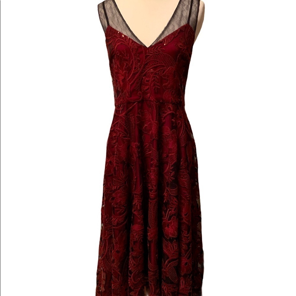 Belle by Badgley Mischka wine colored hi-low dress